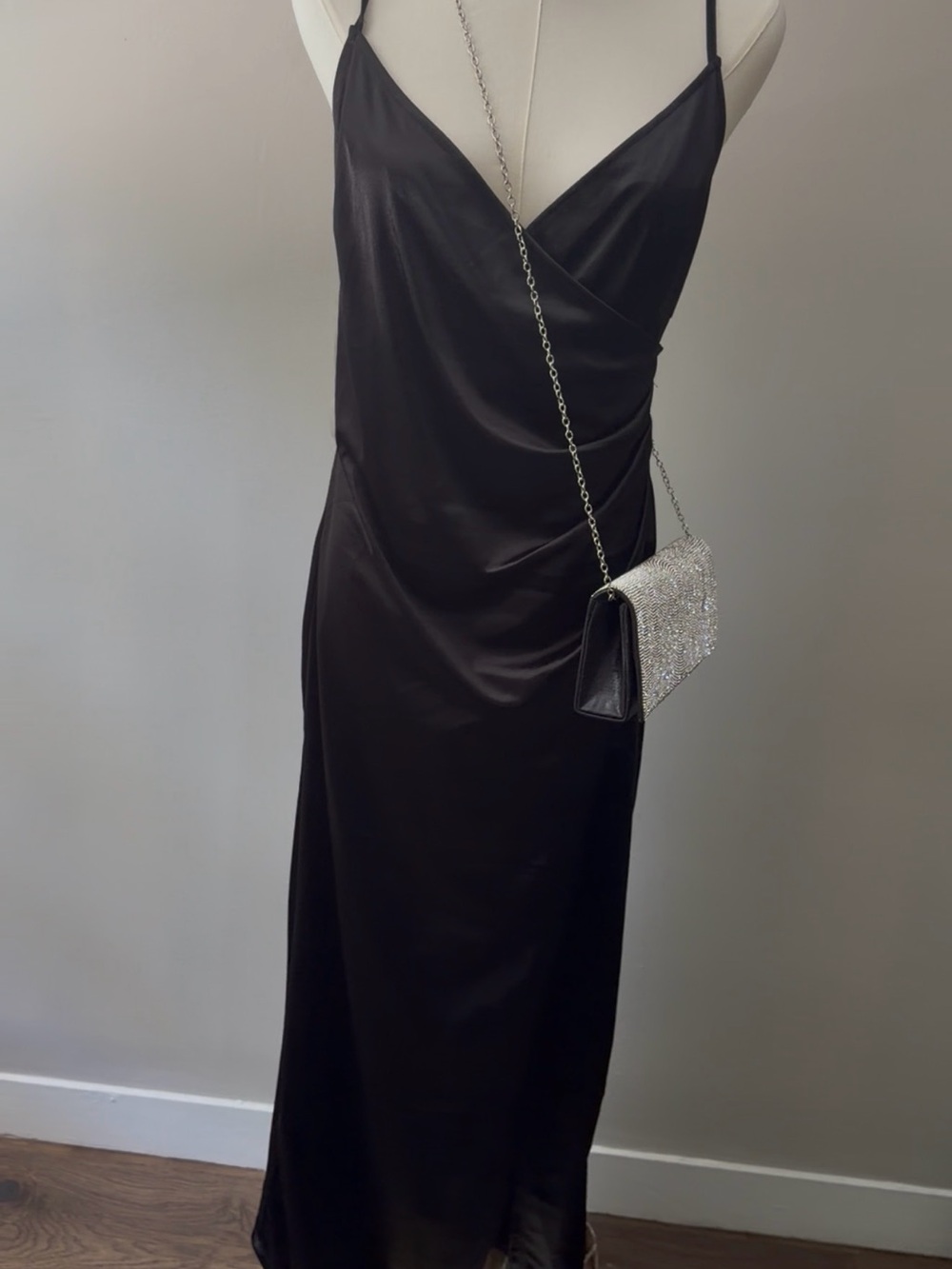 Black Satin Slip Dress with Spaghetti Straps